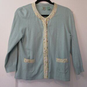 H.R.Rayon n Nylon Powder Blue w yellow 3/4 sleeve cardigan, metal snaps, size L